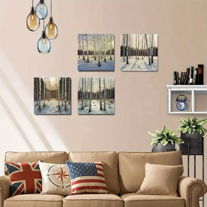 4pcs Birch Forest Theme Wall Art Canvas Framed