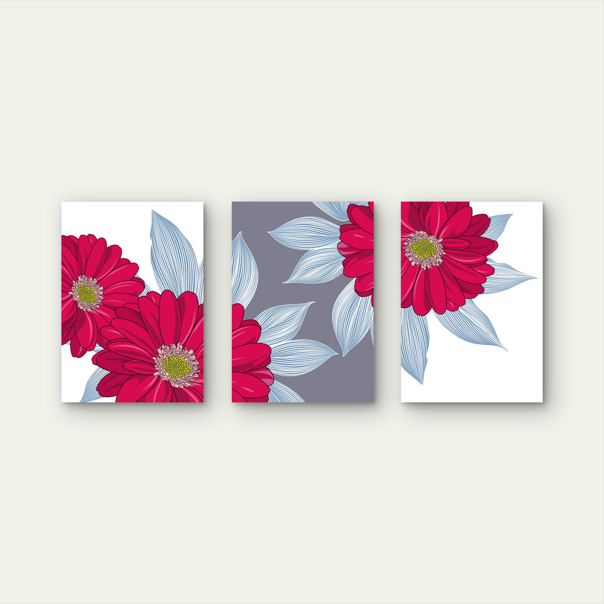 3pcs Pink Red Daisy Floral Line Illustration Metal Print Ready to Hang Art
