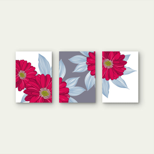 3pcs Pink Red Daisy Floral Line Illustration Metal Print Ready to Hang Art