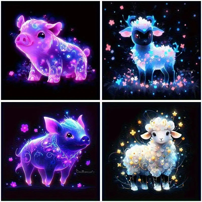 4pcs Glowing Animal Patterns Sheep And Pig  Wall Art Canvas Framed