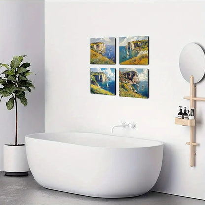 4pcs Village with Cliffside View and Sailboat Wall Art Canvas Framed