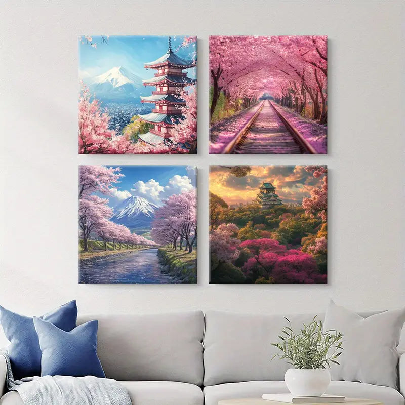 4pcs Cherry Blossom & Mt. Fuji  Wall Art Canvas Framed