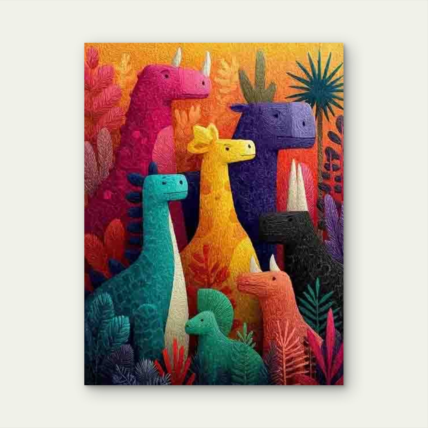 Colorful Little Dinosaur Friends Jungle 60x90cm Metal Print Ready to Hang