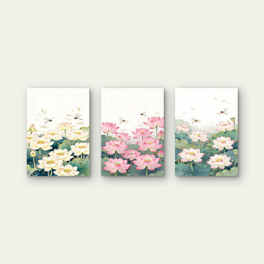 3pcs Chinese Watercolor Pink Lotus Flower Wall Art Set Canvas Framed 50x70cm - High Quality Print 100% Australian Made Wall Canvas Ready to Hang