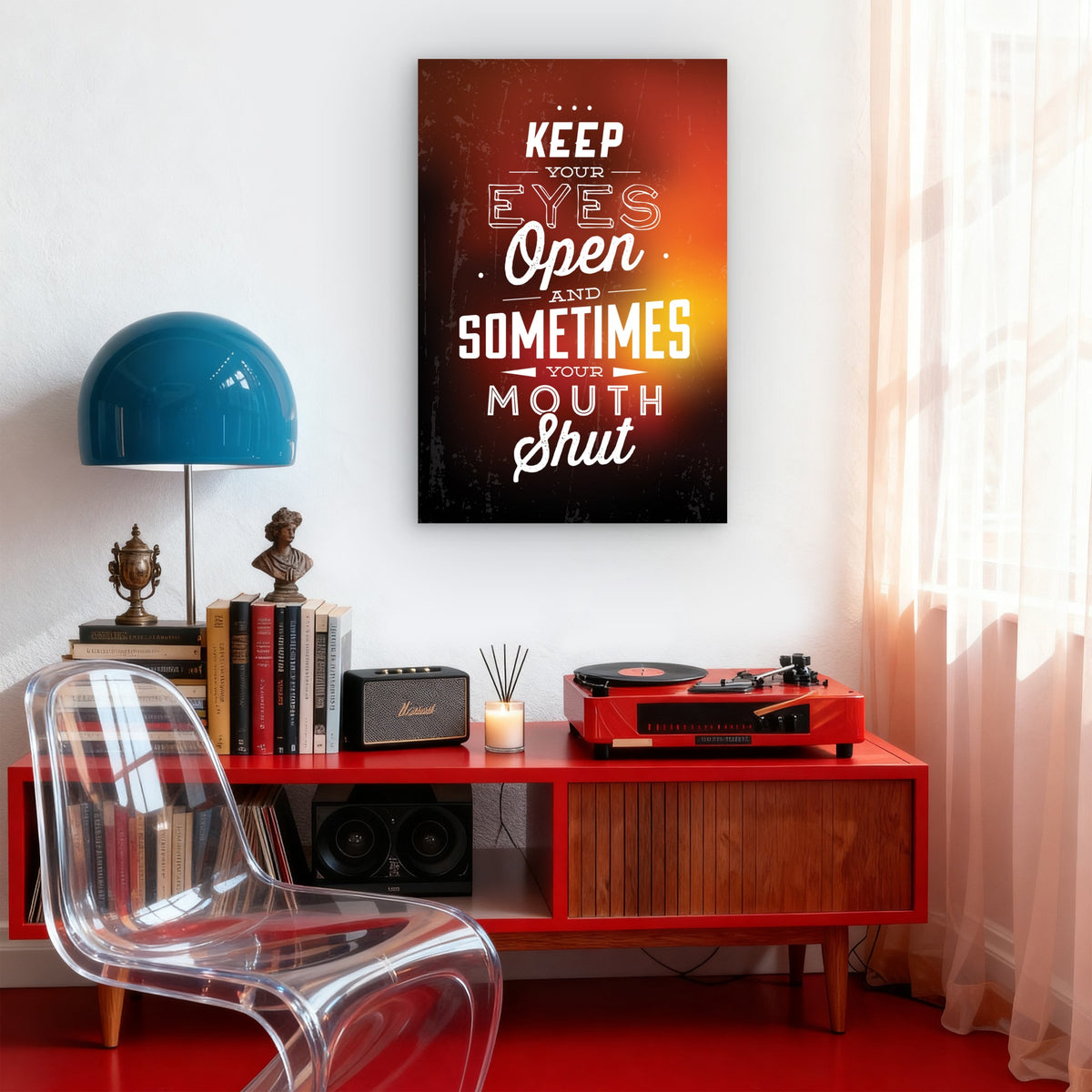Keep Your Eyes Open Glowing Typography 40x60cm Metal Print Ready to Hang