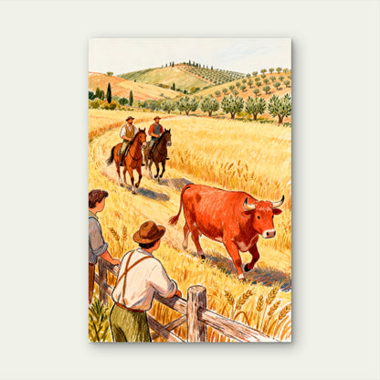 Farmers on Horseback Following a Bull 60x90cm Metal Print Ready to Hang