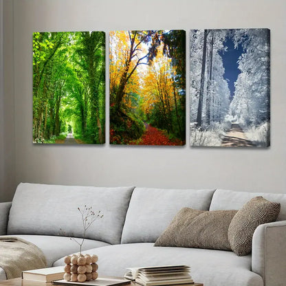 3pcs Green Autumn Snowy Forest Wall Art Set Canvas Framed 60x90cm - High Quality Print 100% Australian Made Wall Canvas Ready to Hang