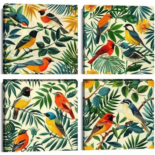 4pcs  Teal Botanical Wall Decor Animal  DF    Wall Art Canvas Framed