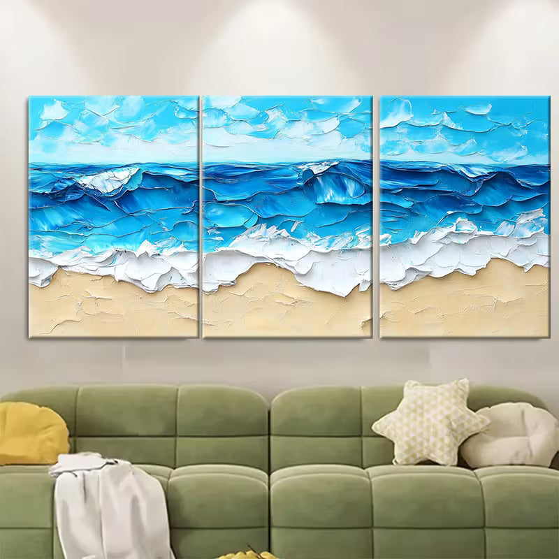 3pcs Blue Beach Abstract Painting Summer Sea Metal Print Ready to Hang Art