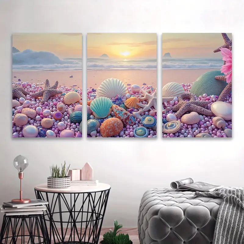 3pcs Seashells and Starfish Beach Decor Art Wall Art Set Canvas Framed 50x70cm - High Quality Print 100% Australian Made Wall Canvas Ready to Hang