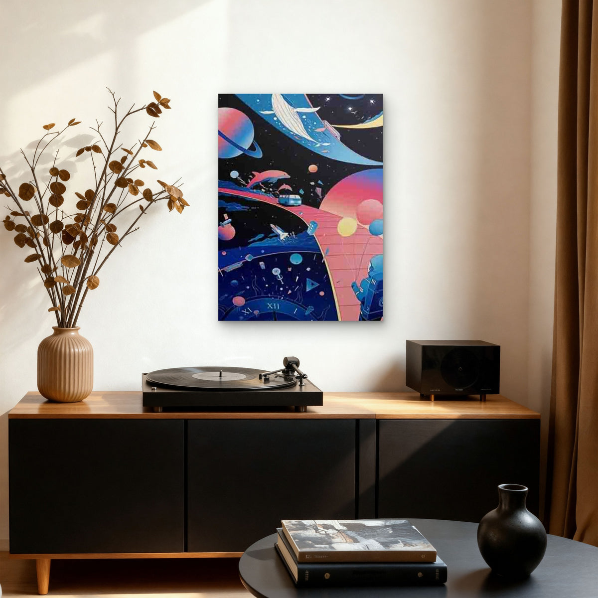 Space Whale, Planets, Rocket, Stars & Dolphin Metal Print Ready to Hang