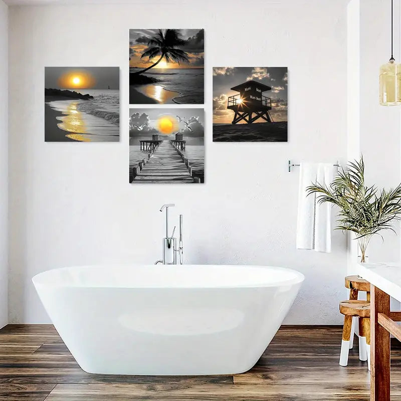 4pcs Beach Sunset Posters, Palm Trees Wall Art Canvas Framed