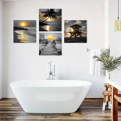 4pcs Beach Sunset Posters, Palm Trees Wall Art Canvas Framed