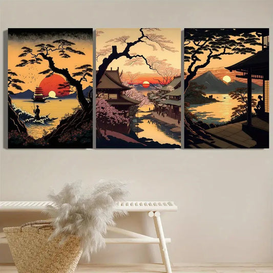 3pcs Cherry Blossoms, Sunset & Waves Metal Print Ready to Hang Art