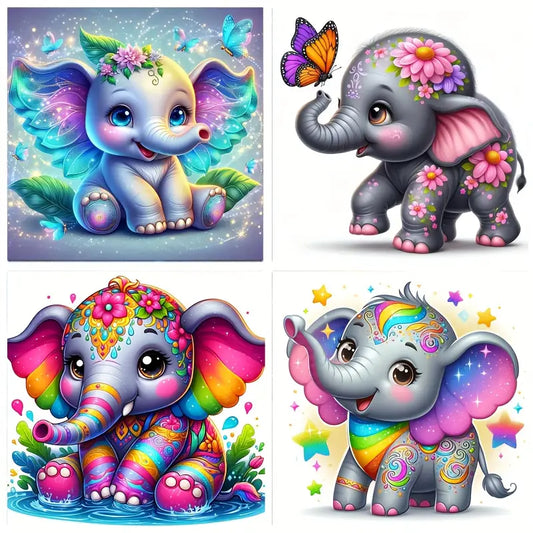 4pcs Cute Elephant Wall Art Canvas Framed