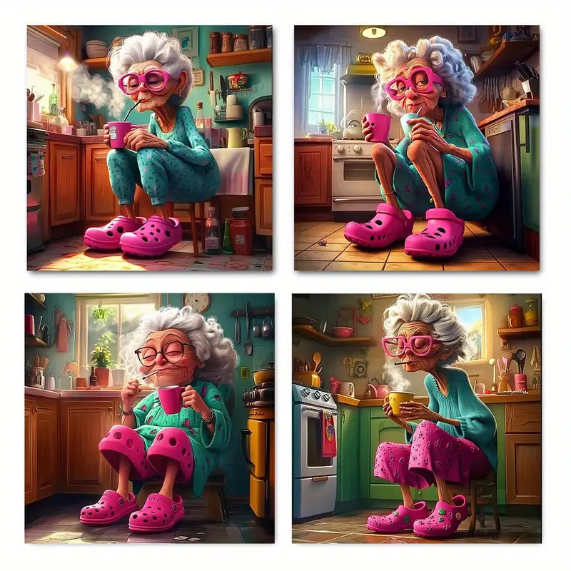 4pcs  Whimsical Crazy Old Lady  GH    Wall Art Canvas Framed