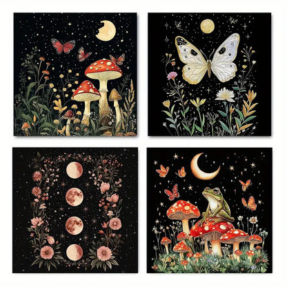 4pcs Full Moon, Mushrooms, Insects & Frogs Wall Art Canvas Framed