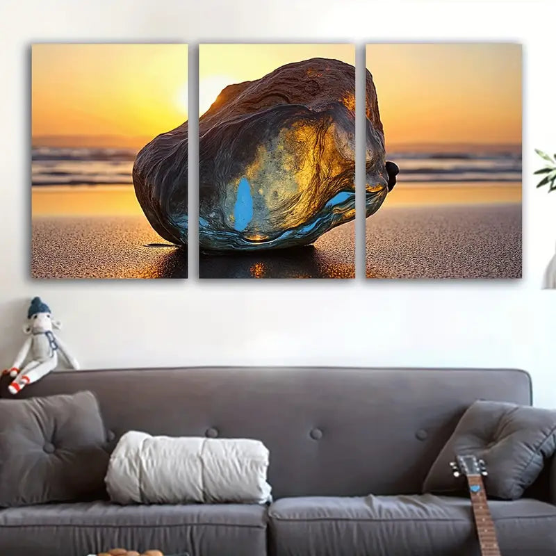 3pcs Beach Sunset Rock Blue Hues Wall Art Set Canvas Framed 50x70cm - High Quality Print 100% Australian Made Wall Canvas Ready to Hang