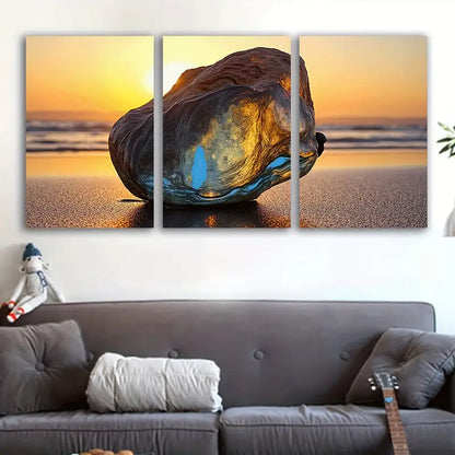 3pcs Beach Sunset Rock Blue Hues Wall Art Set Canvas Framed 50x70cm - High Quality Print 100% Australian Made Wall Canvas Ready to Hang
