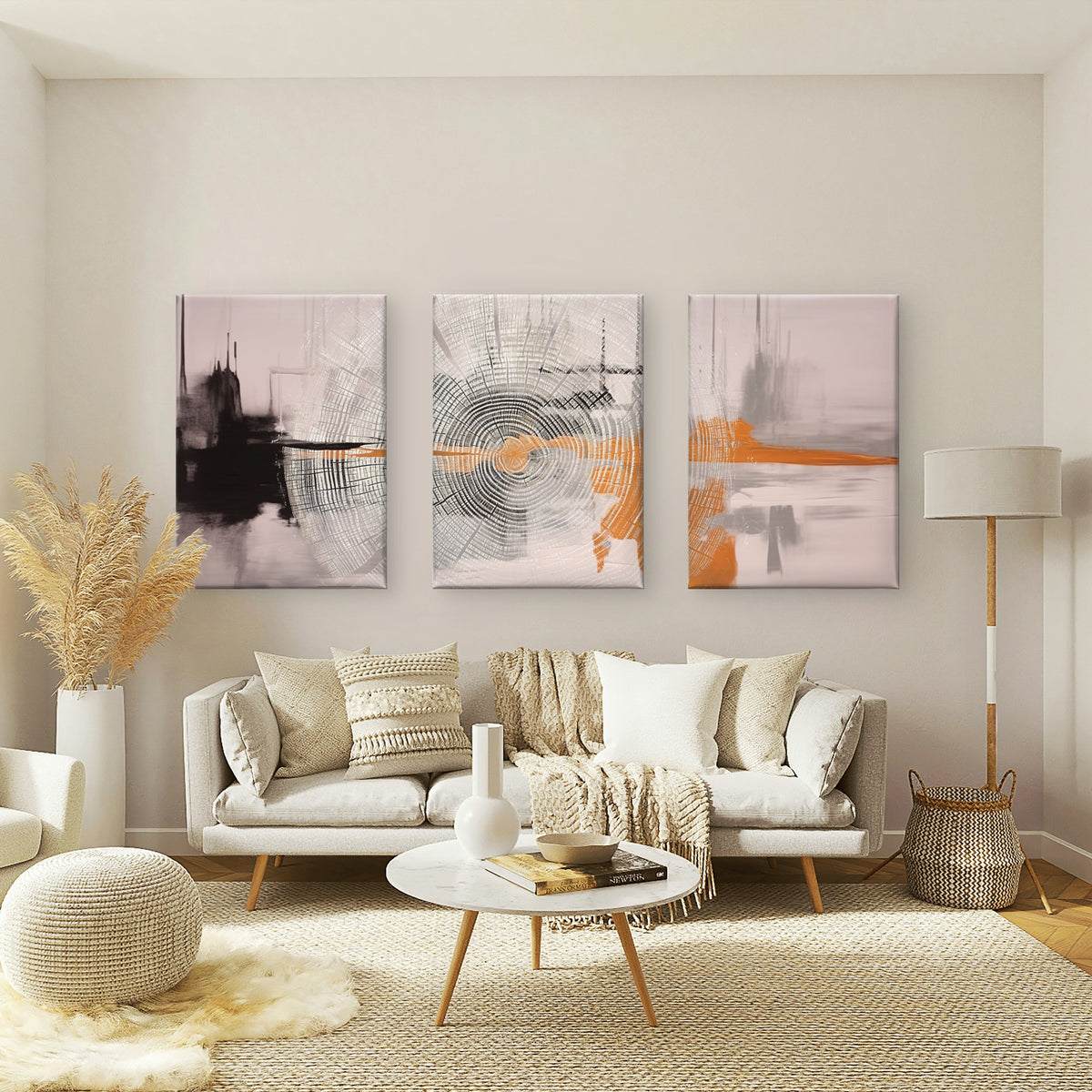 3pcs Abstract Grey Black Orange Wood Rings Wall Art Set Canvas Framed 50x70cm - High Quality Print 100% Australian Made Wall Canvas Ready to Hang