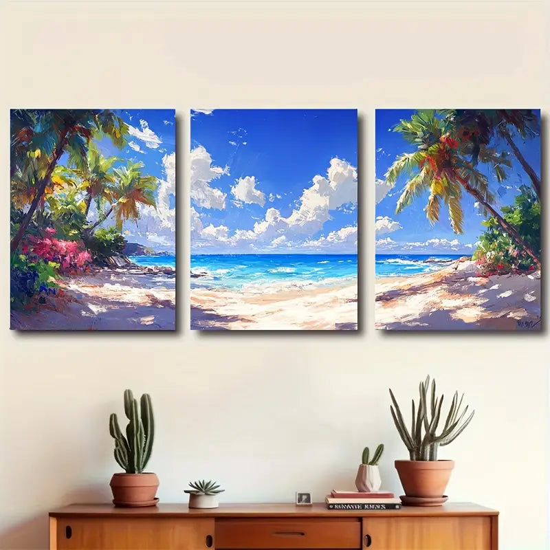3pcs Tropical Beach Palm Ocean Scene Wall Art Set Canvas Framed 60x90cm - High Quality Print 100% Australian Made Wall Canvas Ready to Hang