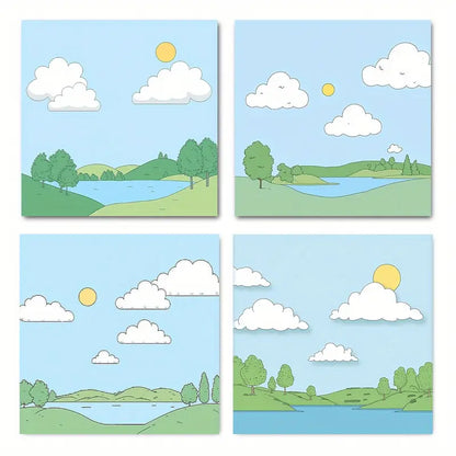 4pcs Sun, Clouds, And Water, Perfect Wall Art Canvas Framed