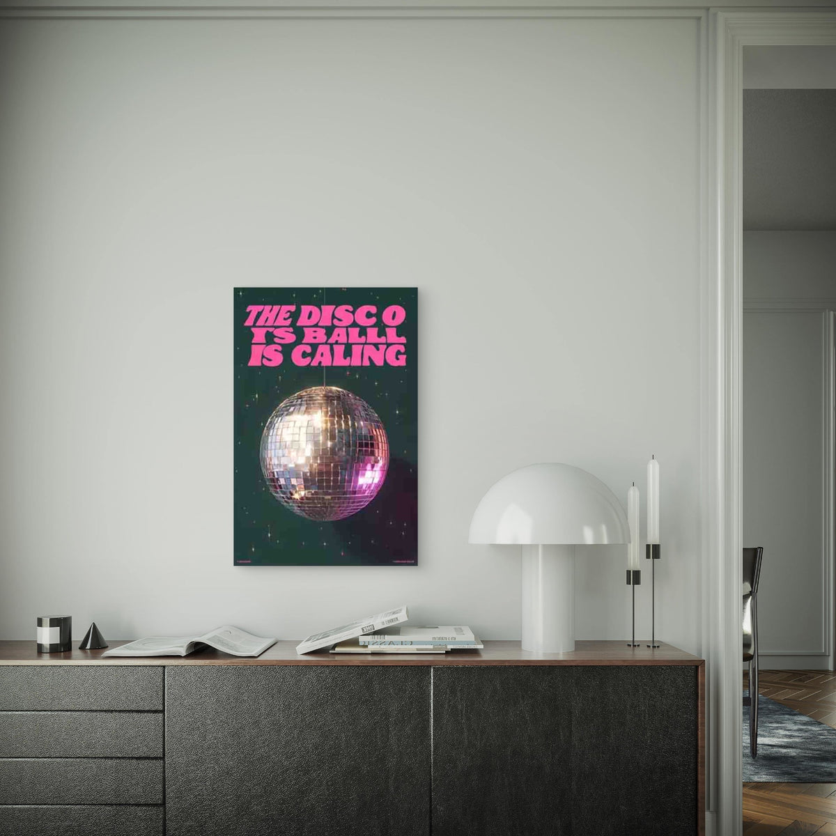 THE DISCO IS BALLING IS CALLING Text Metal Print Ready to Hang