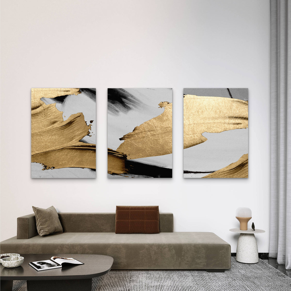 3pcs Gold Leaf Abstract Fluid Painting Wall Art Set Canvas Framed 50x70cm - High Quality Print 100% Australian Made Wall Canvas Ready to Hang