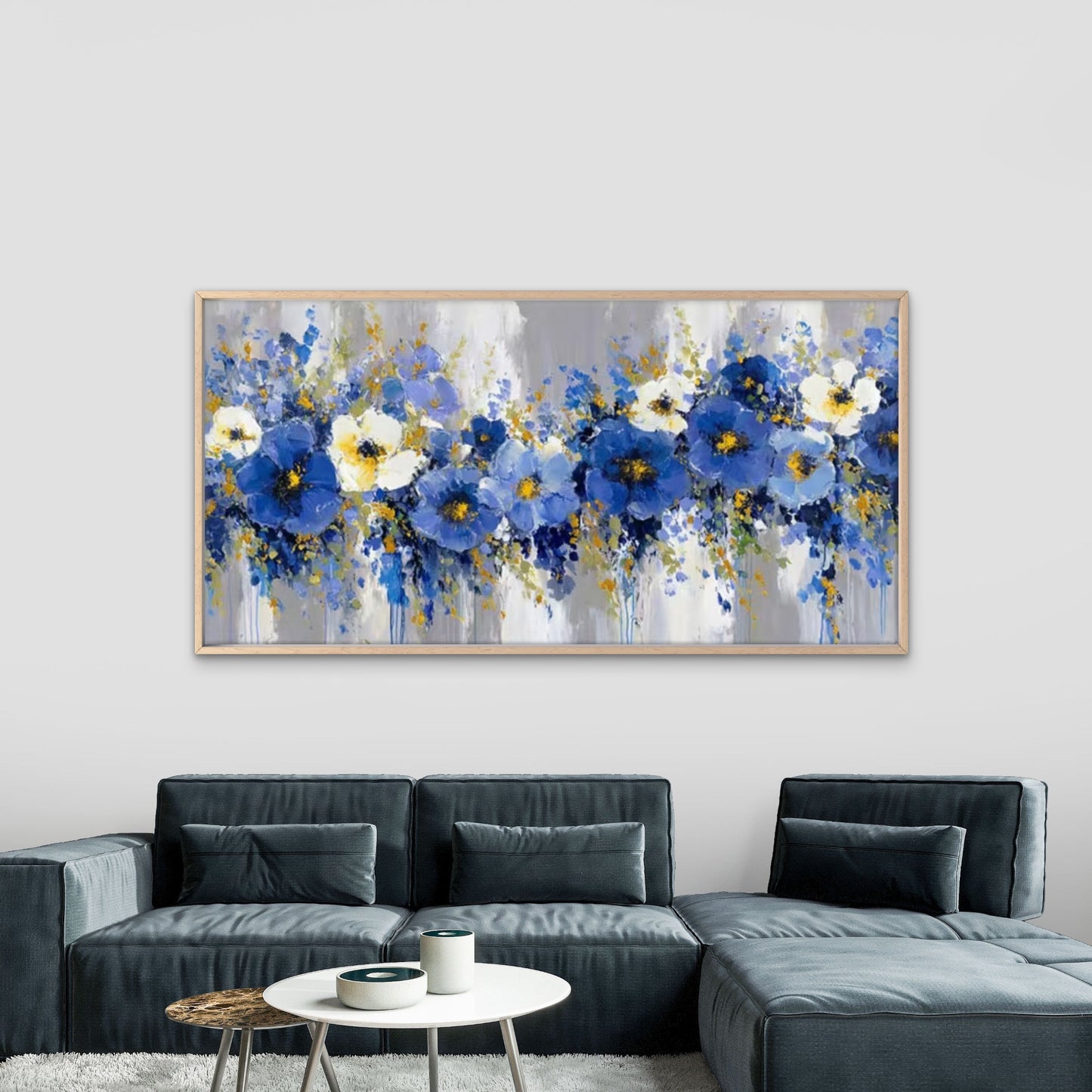 Blue & Golden Abstract Floral Wall Art Canvas Office Home Room Framed 120x60cm
