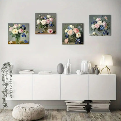 4pcs Elegant Floral Arrangements In Glass VasesWall Art Canvas Framed