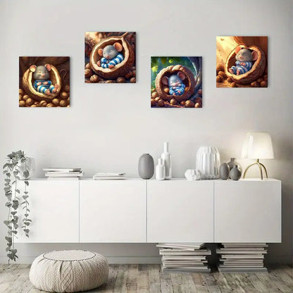 4pcs Blue & White Striped Mouse Wall Art Canvas Framed