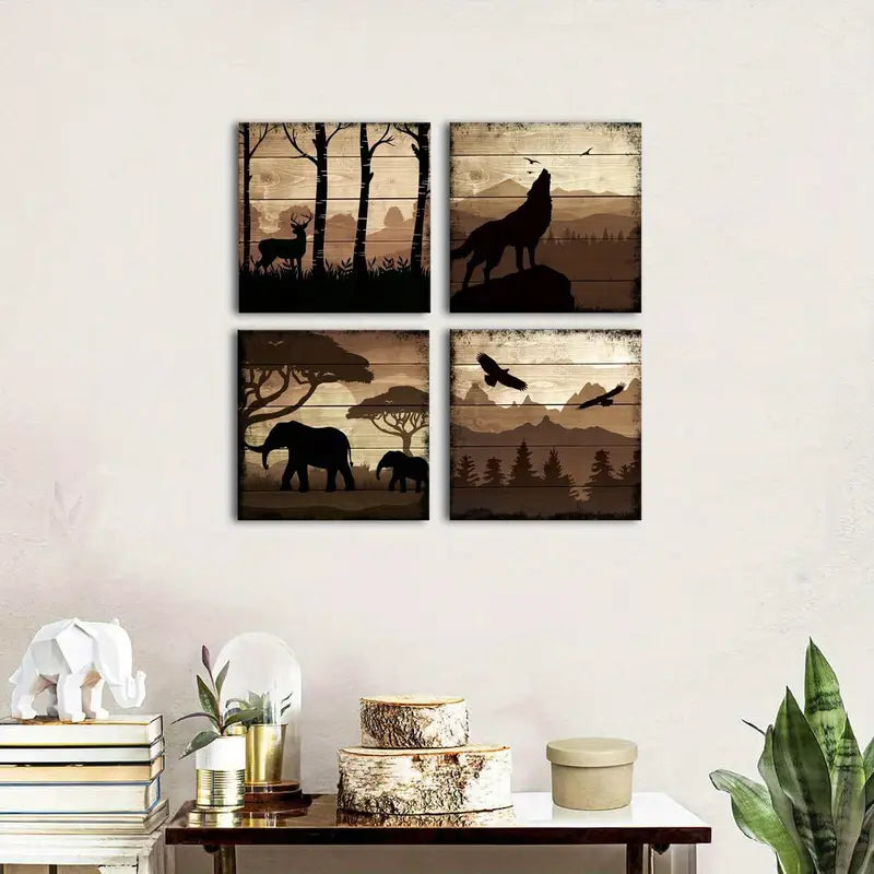 4pcs Wildlife  Deer Wolf Elephant  Wall Art Canvas Framed