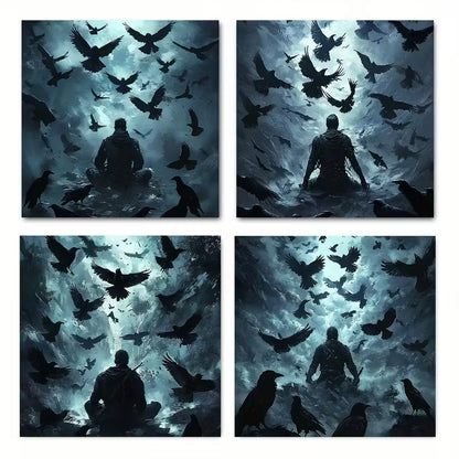 4pcs Decor Crow floc Wall Art Canvas Framed