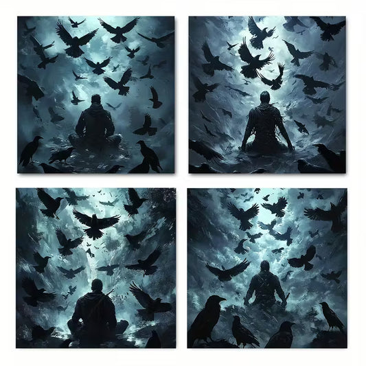 4pcs Decor Crow floc Wall Art Canvas Framed