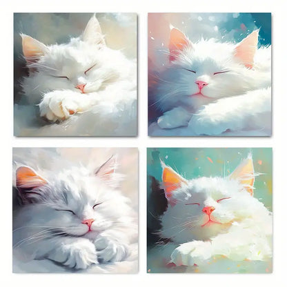 4pcs  Cute Sleeping White Cat Wall Art Canvas Framed