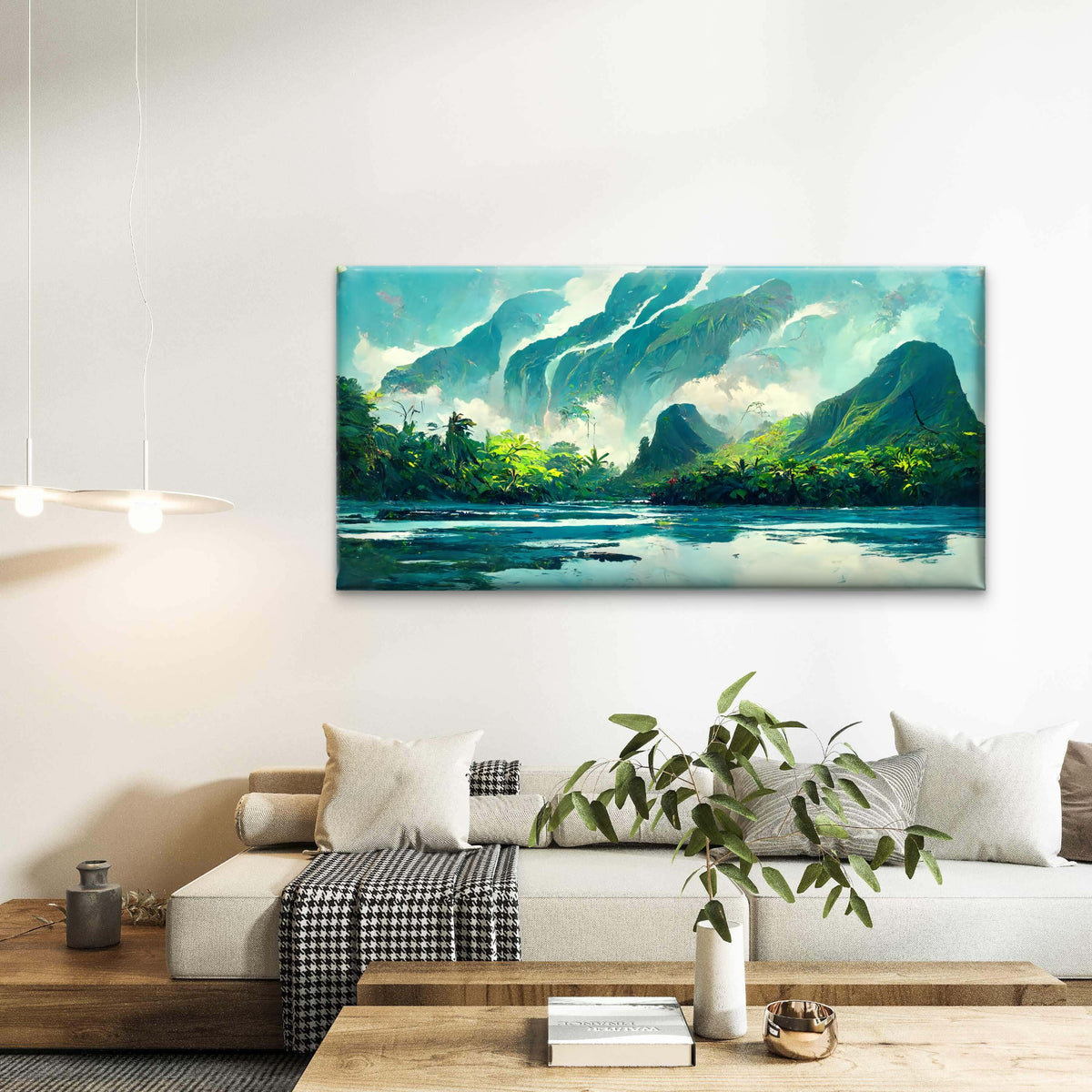 Tropical Teal Mountain Island Wall Art Canvas Office Home Room Framed 120x60cm