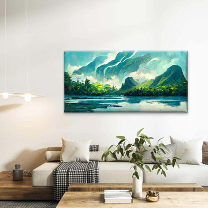 Tropical Teal Mountain Island Wall Art Canvas Office Home Room Framed 120x60cm