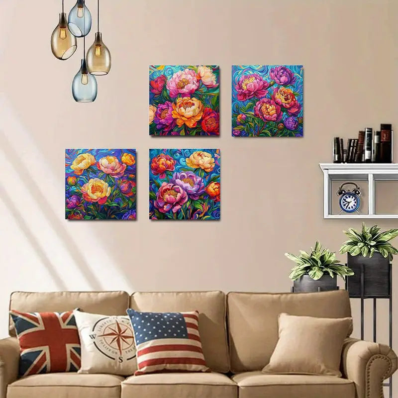 4pcs Vibrant Peony Floral Botanical FBC Wall Art Canvas Framed