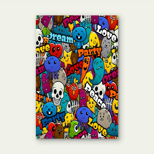 Graffiti Cartoon Abstract Characters Peace Love 60x90cm Metal Print Ready to Hang