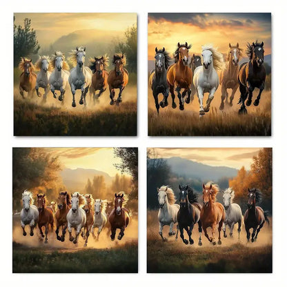 4pcs Sunset Seven Lucky Horse Canvas Wall Art Canvas Framed
