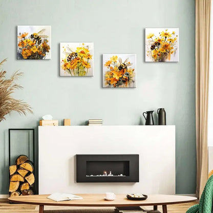 4pcs  Wildflower Wall Art Bee  Poppy  Flower Wall Art Canvas Framed