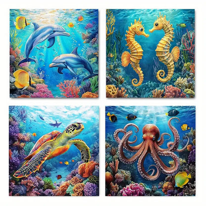 4pcsAnimal Seahorse Turtle Octopuses DolphinsWall Art Canvas Framed