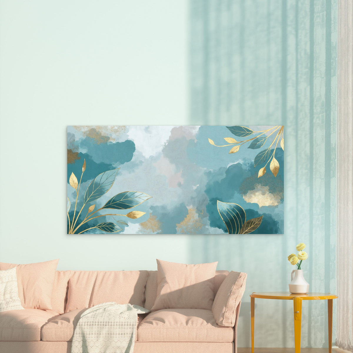 Turquoise Tides Gilded Foliage Wall Art Canvas Office Home Room Framed 120x60cm