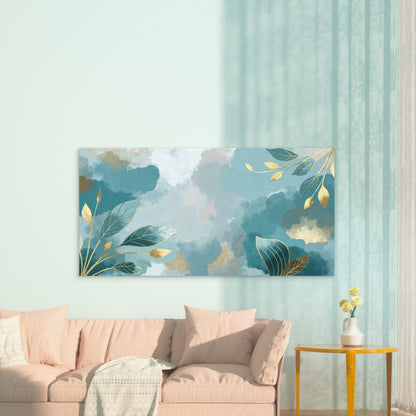 Turquoise Tides Gilded Foliage Wall Art Canvas Office Home Room Framed 120x60cm