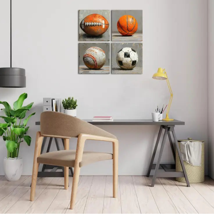 4pcs Rugby Basketball Baseball Football Soccer Wall Art Canvas Framed