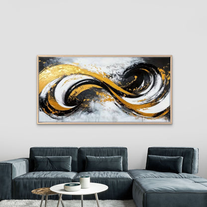 Bold Black White Golden Swirls Wall Art Canvas Office Home Room Framed 120x60cm