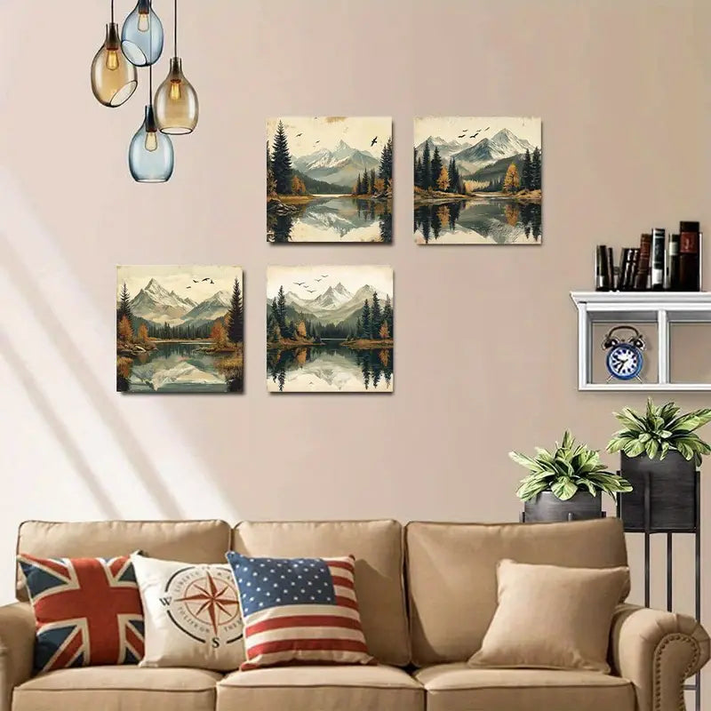 4pcs Mountain Forest Lake, Elegant  LE    Wall Art Canvas Framed
