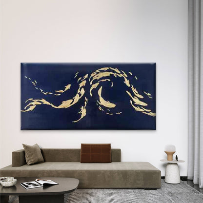Golden Abstract Fish School Wall Art Canvas Office Home Room Framed 120x60cm