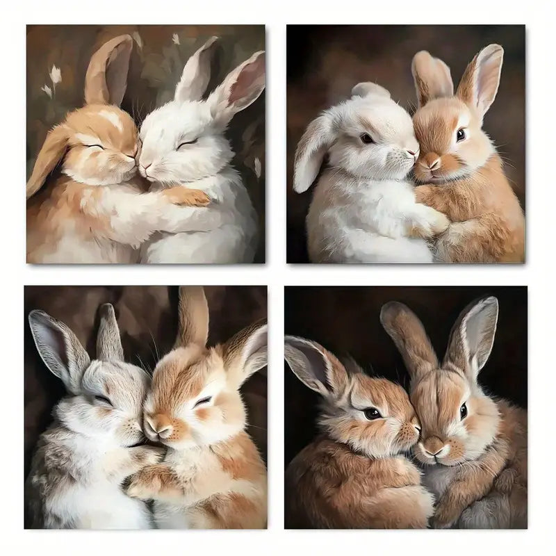 4pcs Cute Hugging Rabbits Wall Art Canvas Framed