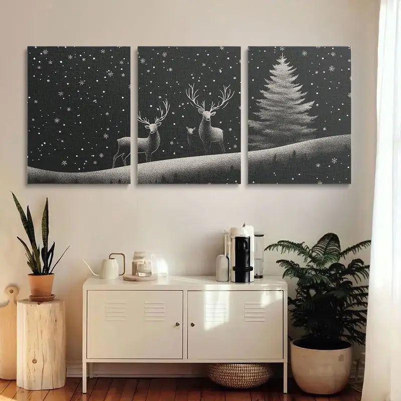 3pcs Black & White Print with Starry Night Sky, Pine Trees Metal Print Ready to Hang Art
